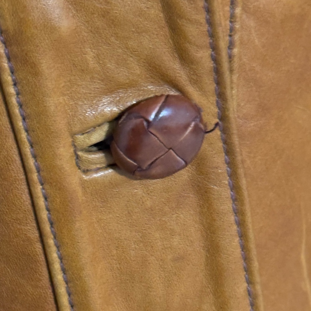 VINTAGE Mango Road Inc Leather Fur Jacket Trench Coat Long Penny Lane XS S Brown - Picture 11 of 14